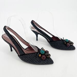 Retro Miu Miu Houndstooth Wool Beaded Accent Pointed Toe Slingback Heel IT 38.5